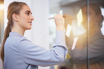 Image showing Planning, brainstorming and woman with ideas on sticky note for schedule, workflow and career priority. Business person, professional worker or project manager writing management strategy on glass