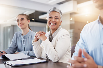 Image showing Business woman, smile and portrait in meeting with team, employees or staff in office of success. Happy mature female executive working in management, collaboration and leadership of company workshop