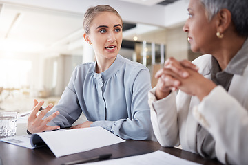 Image showing Meeting, discussion and business women with documents for marketing strategy, planning and ideas. Teamwork, partnership and female workers in conversation for company review, paperwork and proposal