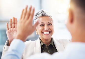 Image showing Business, woman and employees with high five, celebration and achievement in office. Female leader, happy manager and staff with gesture for partnership, teamwork and collaboration for new project