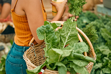 Image showing Grocery, market and woman with a basket of vegetables at an outdoor farm food stall supplier. Customer, diet and female shopping for fresh, natural and organic produce for nutrition and cooking.