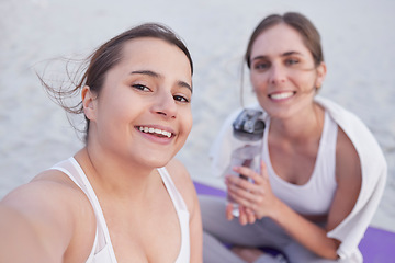 Image showing Yoga selfie, beach portrait and women happy for outdoor fitness, pilates training or body health care goals. Freedom peace, exercise workout and photo memory of friends, people or team relax on sand