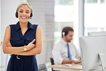 Image showing Crm, black woman and call center portrait with smile from telemarketing success and consultant work. Consulting, contact us and customer service employee with headphones and happiness from web help