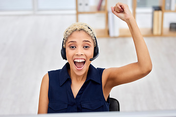 Image showing Success, crm celebration and portrait of black woman in call center with happiness from promotion. Happy. consulting and winning achievement of a female telemarketing employee excited from bonus