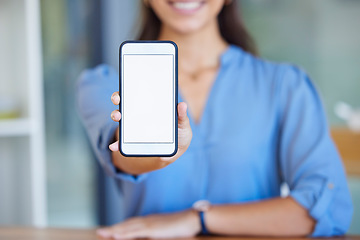 Image showing Phone screen, mockup and office hands for mobile app, ux design or space for product placement. Website, social media and online business woman on smartphone technology mock up and professional smile