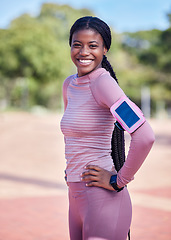 Image showing Fitness, runner and portrait of black student with a smile outdoor ready for running and race. Marathon training, sport and young person with phone and blurred background with happiness from run