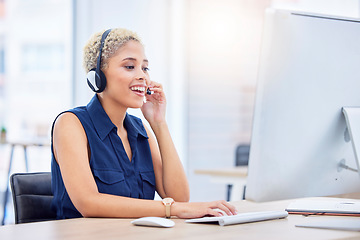 Image showing Call center, computer and black woman smile for success in telemarketing sales, customer service or virtual consulting. Telecom, technical support or ecommerce consultant, agent or help desk worker