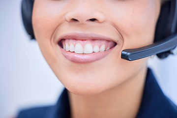 Image showing Call center, teeth and smile with mouth of black woman for telemarketing, customer support and receptionist. Happy, communication and consulting with employee for advisor, service and help desk