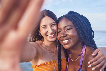 Image showing Selfie, hug and portrait of friends at beach for vacation, bonding and travel in Miami. Friendship, freedom and women hugging for a photo on an influencer holiday and live streaming from the ocean