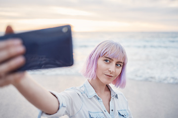 Image showing Woman, beach and selfie for profile picture, vlog or social media post on holiday vacation in nature. Female vlogger or influencer with smile for photo memory at the ocean coast in summer break