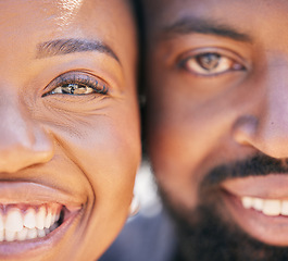 Image showing Love, zoom and portrait of happy black couple with smile on face and romantic date for valentines day. Happiness, romance and man and woman smiling together in close embrace and loving relationship.