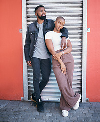 Image showing Love portrait, black couple and hug in city, street or outdoors while bonding on valentines day. Romance, support and young man and woman hugging, cuddle and embrace for care and enjoying date time.