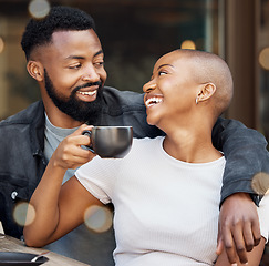 Image showing Black couple, coffee and smile for date at cafe, bonding or hug spending quality time together. Happy African American man and woman relaxing, hugging or smiling for good drink and love at restaurant