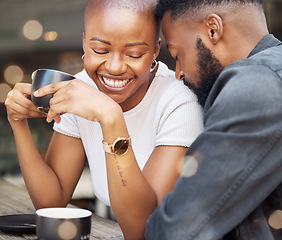 Image showing Love, black couple and affection in cafe, happiness and relationship with celebration, Valentines day and romance. Romantic, man and woman in coffee shop, loving and bonding while on dating and happy