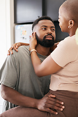 Image showing Kitchen, love and black couple hugging in their home with care, support and comfort in the morning. Intimacy, affection and young African man and woman embracing with romance in their modern house.