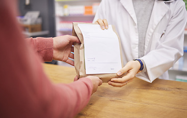 Image showing Pharmacy, medicine bag and pharmacist hand for customer services, healthcare support and retail employee help desk. Woman giving pharmaceutical drugs, medical product and receipt to client or patient