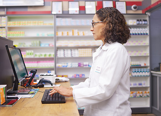 Image showing Order, consultation and pharmacist typing on a computer for an email, communication and medicine. Healthcare, medical and woman on a hospital pc for information on pills, health and consulting