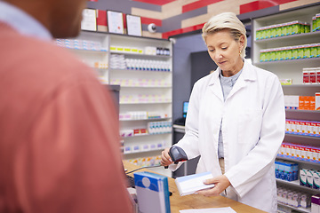 Image showing Pharmacy, barcode scan and senior woman pharmacist with customer buying medicine and pills. Store payment, pharmaceutical clinic and healthcare worker scanning code for patient payment in shop