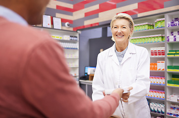 Image showing Service, medical and pharmacist with medicine for a man for healthcare product at a pharmacy. Smile, help and clinic woman giving a patient pills for an illness, flu or cold while working in health