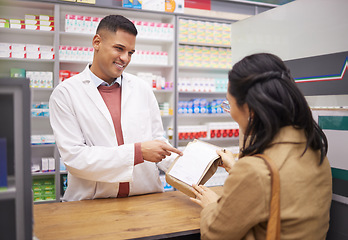 Image showing Pharmacy, medication and pharmacist explaining a prescription to a female patient in a chemist. Pharmaceutical, dispensary and male healthcare worker talking about medicine to a woman in a drug store