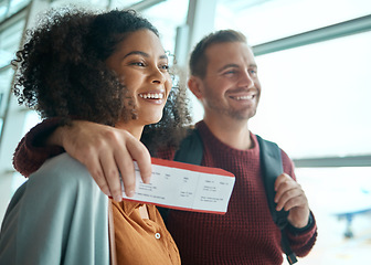 Image showing Travel, airport and couple with ticket boarding international flight for happy holiday destination together. Smile, black woman and man with visa for travelling to foreign country for immigration.