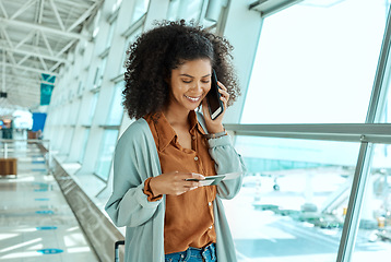 Image showing Black woman, phone call and travel with communication and plane ticket, airport with business trip or holiday. Happy, smartphone and vacation with traveling, conference or convention with technology