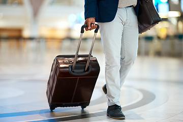 Image showing Airport, suitcase and black man travel for business opportunity, international career and immigration. Professional person or entrepreneur legs walking with luggage for flight, wealth and global job