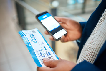 Image showing Plane ticket, online check and black man hands holding airplane documents and phone for flight. Digital app, networking and airport document for travel schedule with male holding barcode information