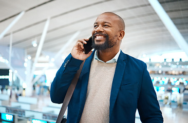 Image showing Black man, airport and business call with a smile ready for plane travel and global work. Mobile connection, happiness and businessman with luggage for plane and executive networking on cellphone