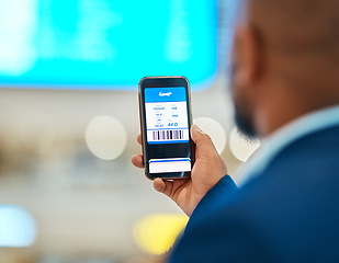 Image showing Qr code, travel and man with a phone for a ticket, airplane booking and information at the airport. App, website and hand of a businessman reading a barcode on a mobile for a work trip or vacation