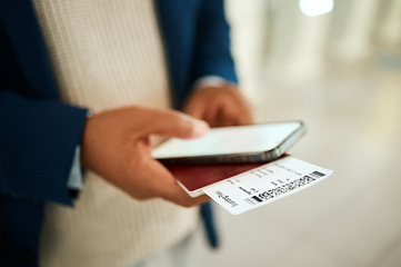 Image showing Phone, airport ticket and man hands for online booking, fintech and digital payment notification. Mobile app, screen mockup and person typing flight information with passport and identity document
