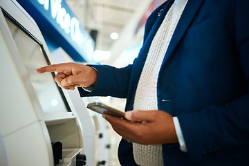 Image showing Check in, booking and hands of a man with a phone for travel, ticket and flight information. Reservation, service and businessman typing on a machine for departure on a work trip with a mobile