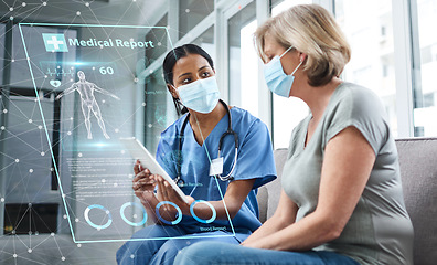 Image showing Doctor, patient and tablet with future technology and health, digital medical report and women in face mask with Covid. Anatomy, hologram and 3D with healthcare, consultation and overlay in hospital