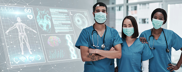 Image showing Anatomy, digital research and doctors for future technology, hologram or xray overlay in medical face mask. Hospital portrait, proud and diversity teamwork of healthcare people in futuristic surgery