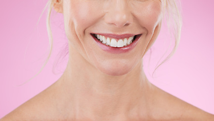 Image showing Skincare, beauty and smile, teeth of woman isolated on pink background for promotion of cosmetic or dental product. Happy zoom on mouth of model in studio with mockup for luxury spa facial treatment.