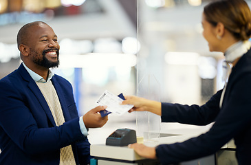 Image showing Airport, black man and passport for travel, woman assist client, smile or traveler check in. Business, African American male, passenger or ceo with ticket, employee helping with flight or immigration