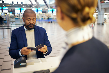 Image showing Black man, airport and passport document for woman at concierge help desk, lobby and identity for travel. African businessman, documents and immigration at inspection for international transportation