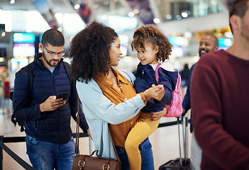 Image showing Airport line, mother and girl at international flight check for plane board or airplane ticket payment. Happy mom, child and family waiting at gate for air travel and security before transport