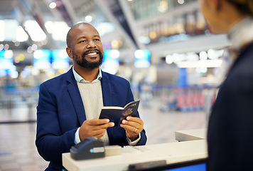 Image showing Black man, passport and airport desk for travel, security and identity for global transportation service. African businessman, documents and concierge for consultation on international transportation