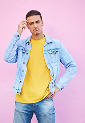 Image showing Portrait, thinking and man scratching his head confused, wondering and isolated in a studio pink background. Male, model and person sad, frustration and question by guy with hand on head