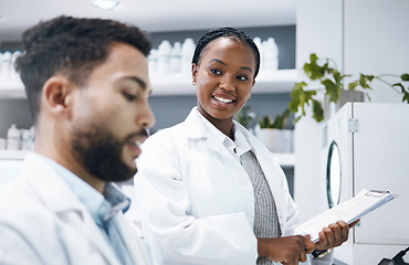 Image showing Science teamwork, research and black woman with pharmaceutical, report and medicine paperwork. Medical professional people or scientist with partner in laboratory for eco friendly drugs in healthcare