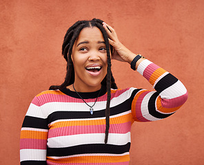 Image showing Wall, black woman and surprise with smile, emoji and cheerful on studio background. African American female, lady or shocked with news, achievement or opportunity with trendy clothes or casual outfit