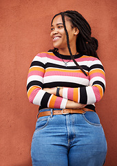 Image showing Mockup, relax and black woman proud on orange wall background for advertising, space and marketing. Happy, smile and girl in good mood, positive and mindset isolated on product placement in studio