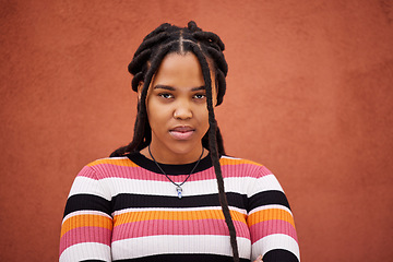 Image showing Portrait, wall and black woman with frustration, anger and upset on brown studio background. Face, African American female and lady angry, stress and depression with frustrated facial expression