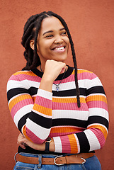 Image showing Thinking, vision and black woman with idea for empowerment, confident and contemplation on orange wall background. Contemplating, emoji and pensive girl in studio, happy or smile on product placement