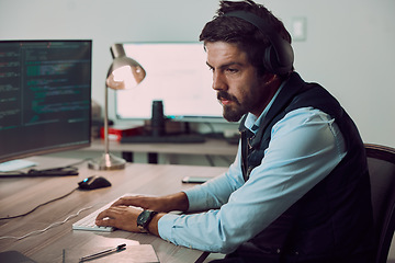 Image showing Headphones, programmer and man typing on computer, coding or programming at night. Information technology, thinking and male developer or coder working on software while streaming music or podcast.