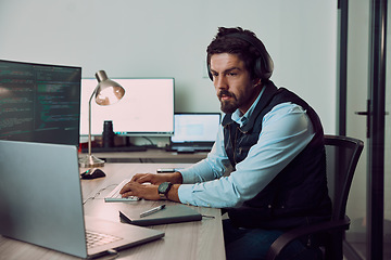 Image showing Coding, computer and laptop with man typing, programmer work night for software update, IT and code at desk. Cybersecurity, ux and network with wifi, web design and cyber space with cpu programming