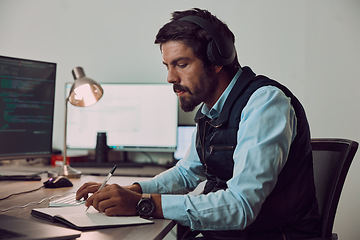 Image showing Business man, writing and headphones in office with blank computer screen and notebook. Information technology, coding research and tech notes of a it employee planning a work schedule and project