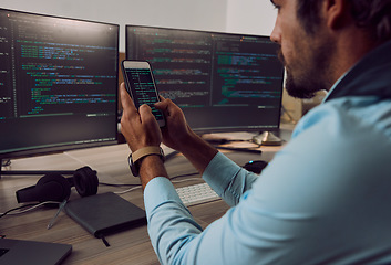 Image showing Coding, computer screen and phone with man, programmer and software update, information technology and code. Cybersecurity, ux and network with wifi, web design and cyber space with cpu programming