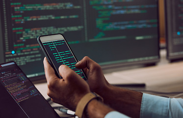 Image showing Phone in hands, code and man coding, programmer and software update with information technology and screen. Cybersecurity, ux and network with wifi, web design and cyber space with cpu programming